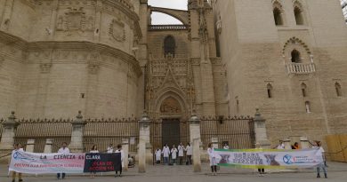 Miembros de Rebelión Científica y Extinction Rebellion se encadenan a la Giralda de Sevilla para denunciar la inacción climática y defender Doñana